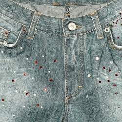 Pre Owned Versace Jeans Couture Blue Embellished Denim Flared Leg Distressed Jeans L