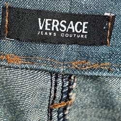 Pre Owned Versace Jeans Couture Blue Embellished Denim Flared Leg Distressed Jeans L