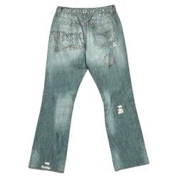 Pre Owned Versace Jeans Couture Blue Embellished Denim Flared Leg Distressed Jeans L