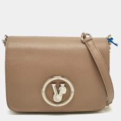 Versace Jeans Brown Leather Logo Flap Shoulder Bag