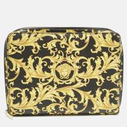 Versace Black/Yellow Leather Baroque Printed Zip Around iPad Case