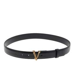 مملوكة مسبقًا Versace Black Leather Virtus Waist Belt 85CM
