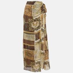 Pre Owned Gianni Versace Yellow/Black Barocco Print Silk Sarong Wrap Skirt M