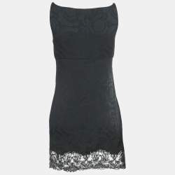 Versace Black Lace Trim Jacquard Satin Cowl Neck Mini Dress S