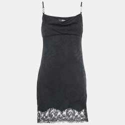 Versace Black Lace Trim Jacquard Satin Cowl Neck Mini Dress S
