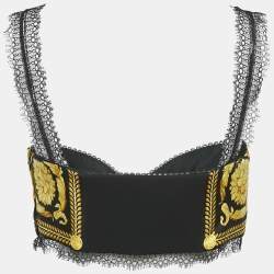 Versace Black/Yellow Baroque Print Silk and Lace Bralette Top M