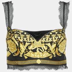 Versace Black/Yellow Baroque Print Silk and Lace Bralette Top M