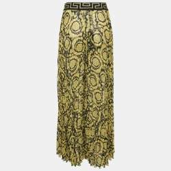 Versace Yellow Baroque Print Chiffon Pleated Wide Leg Pants M