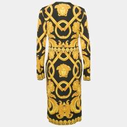 Versace Black Heritage Baroque Print Jersey Full Sleeve Midi Wrap Dress L