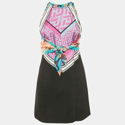 Versace Pink/Black Silk and Crepe Mixed Media Halter Neck Mini Dress S