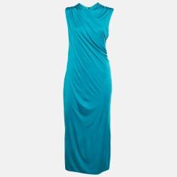 Pre Owned Versace Blue Jersey Ruched Bodycon L
