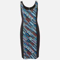 Pre Owned Versace Black & Printed Crepe Sleeveless Sheath Dress L