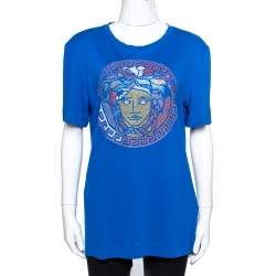 مملوكة مسبقًا Versace Blue Jersey Medusa Icon Studded T-Shirt L