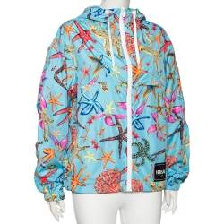 Pre Owned جاكيت فيرساتشي ستارفيش أزرق مطبوع خامة صناعية بسحاب أمامي مقاس كبير - لارج