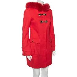 Pre Owned Versace Red Wool And Fur Trimmed Hooded Mid Length Coat S
