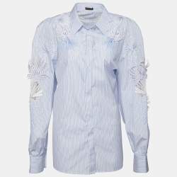 Versace Blue Striped Cotton Floral Applique Button Front Shirt L