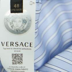 Versace Blue Striped Cotton Floral Applique Button Front Shirt L