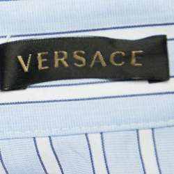 Versace Blue Striped Cotton Floral Applique Button Front Shirt L