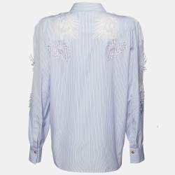 Versace Blue Striped Cotton Floral Applique Button Front Shirt L