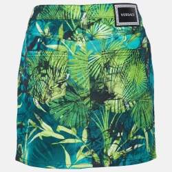 Pre Owned  Versace Green Jungle Print Denim Mini Skirt L
