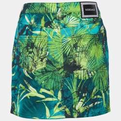 Pre Owned Versace Green Jungle Print Denim Mini Skirt S