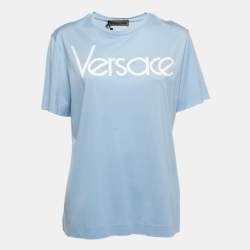 Versace Light Blue Cotton Logo Embroidered Tribute T-Shirt M