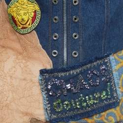 Versace Vintage Blue Applique Denim and Nylon Asymmetric Corset Dress M