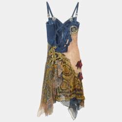 Versace Vintage Blue Applique Denim and Nylon Asymmetric Corset Dress M