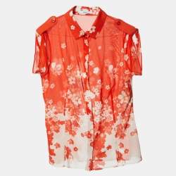 Versace Orange Floral Print Silk Crepe Button Front Blouse M