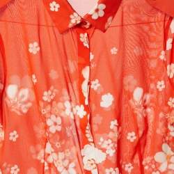 Versace Orange Floral Print Silk Crepe Button Front Blouse M