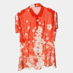 Versace Orange Floral Print Silk Crepe Button Front Blouse M
