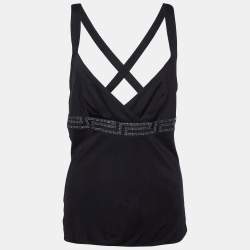 Versace Black Jersey Crystal Greca Embellished Tank Top M
