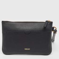 Versace Black Leather La Medusa Wristlet Clutch