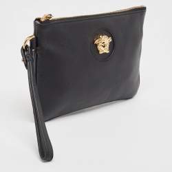Versace Black Leather La Medusa Wristlet Clutch