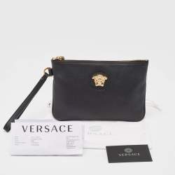 Versace Black Leather La Medusa Wristlet Clutch