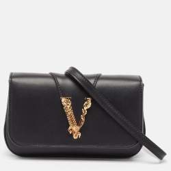 Versace Black Leather Virtus Flap Saddle Bag