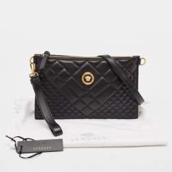 Pre Owned Versace Black Leather Medusa Zip Wristlet Convertible Crossbody Bag