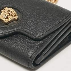 Versace Black Leather Mini Medusa Trifold Wallet On Chain
