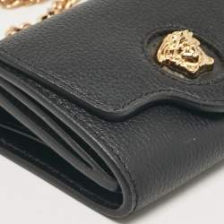 Versace Black Leather Mini Medusa Trifold Wallet On Chain