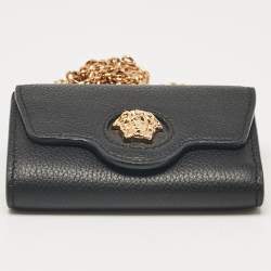 Versace Black Leather Mini Medusa Trifold Wallet On Chain