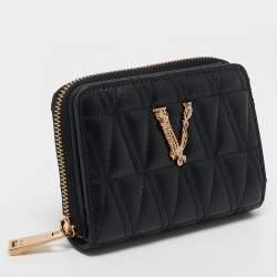 Pre Owned Versace Black Leather Zip Around Compact Wallet