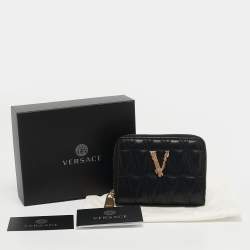 Pre Owned Versace Black Leather Zip Around Compact Wallet