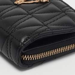 Pre Owned Versace Black Leather Zip Around Compact Wallet