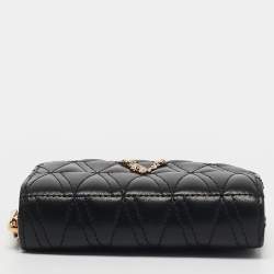 Pre Owned Versace Black Leather Zip Around Compact Wallet