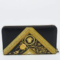 مملوكة مسبقًا Versace Black Baroque Print Leather La Medusa Zip Around Wallet