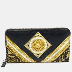 Pre Owned Versace Black Baroque Print Leather La Medusa Zip Around Wallet