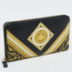 مملوكة مسبقًا Versace Black Baroque Print Leather La Medusa Zip Around Wallet