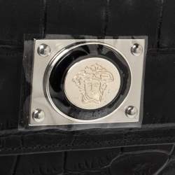 Versace Black Croc Embossed Leather Medusa Flap Compact Wallet
