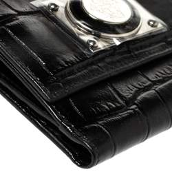 Versace Black Croc Embossed Leather Medusa Flap Compact Wallet