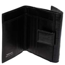 Versace Black Croc Embossed Leather Medusa Flap Compact Wallet